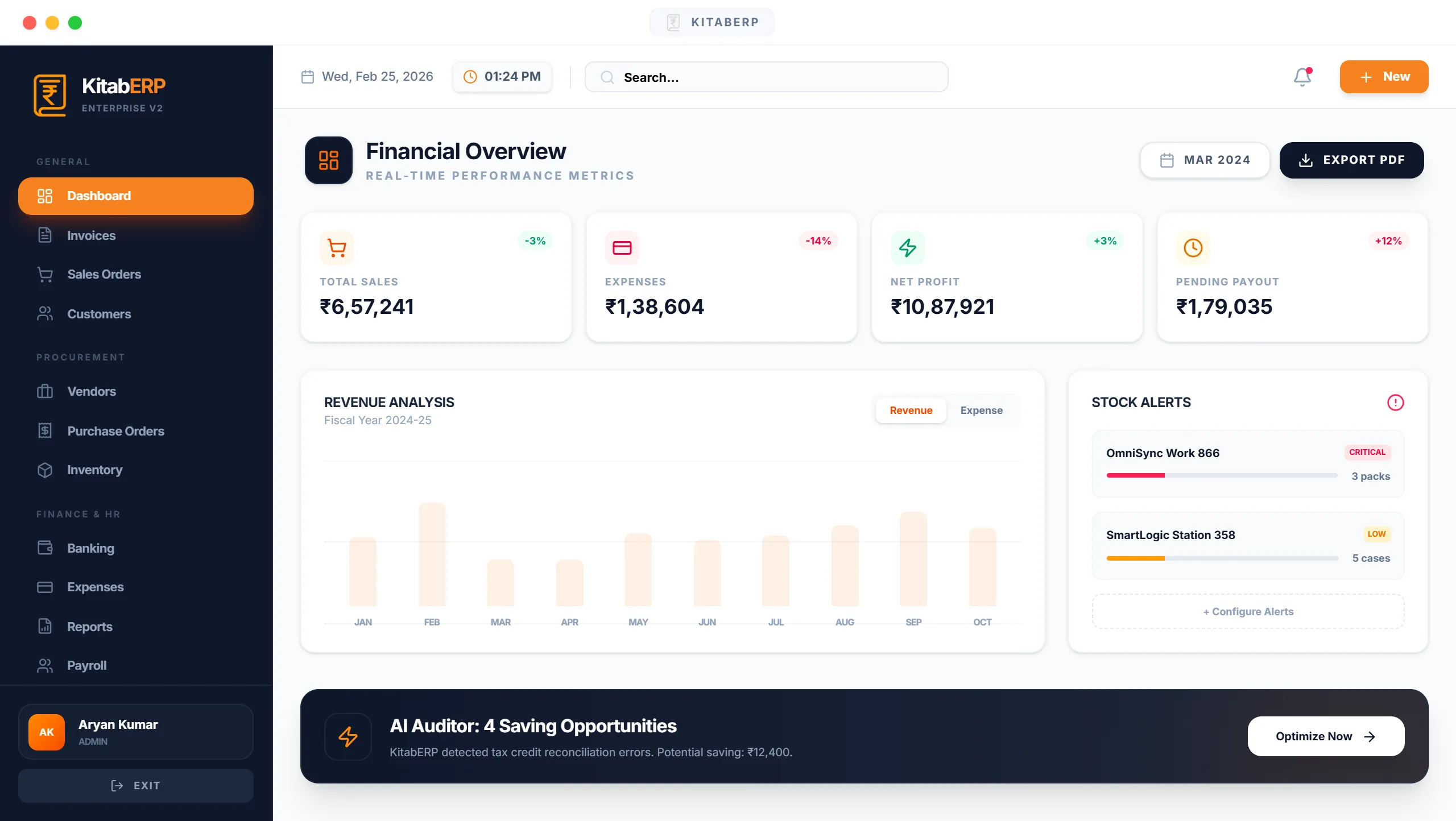 KitabERP Business Health Dashboard