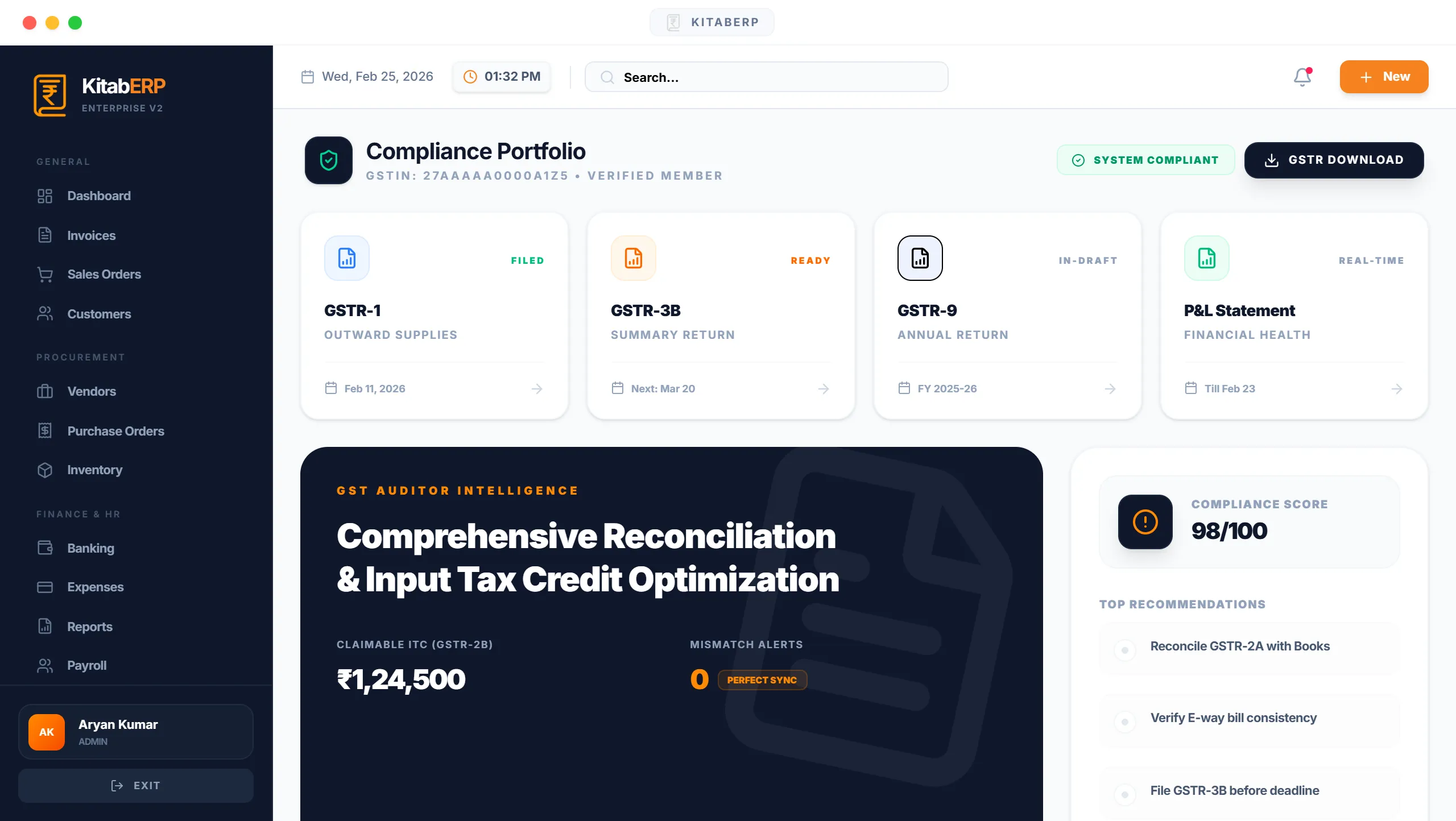 KitabERP Financial Reports - Advanced GST compliance auditing and intelligence reporting