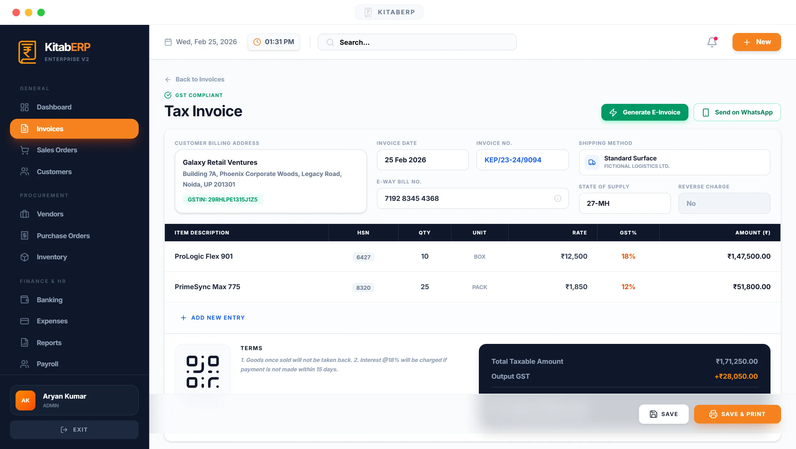 KitabERP GST Invoice Generator - Fast and compliant tax invoicing interface